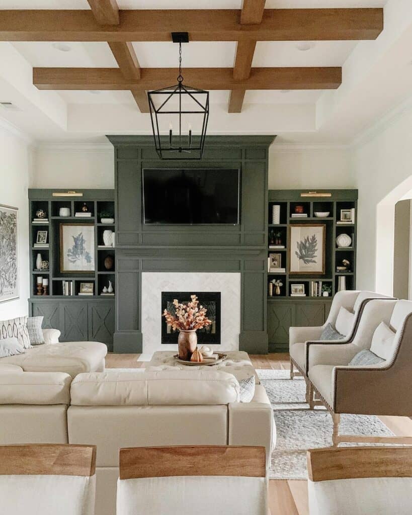 Modern Built-In Shelves with White Fireplace