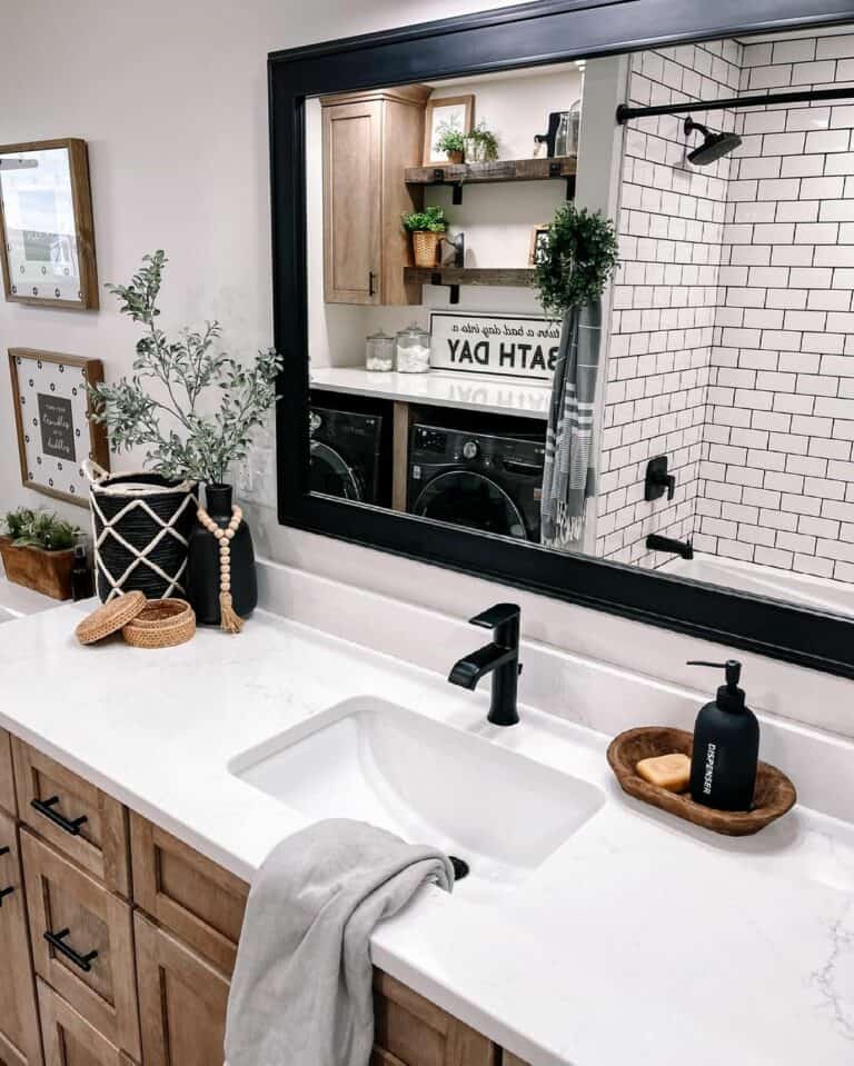 Modern Farmhouse Bathroom with White Tile and Black Grout