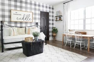 Modern Farmhouse Inspired Kid's Playroom with Checkered Wallpaper