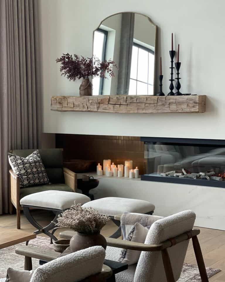 Modern Fireplace Seating and Wood Mantel
