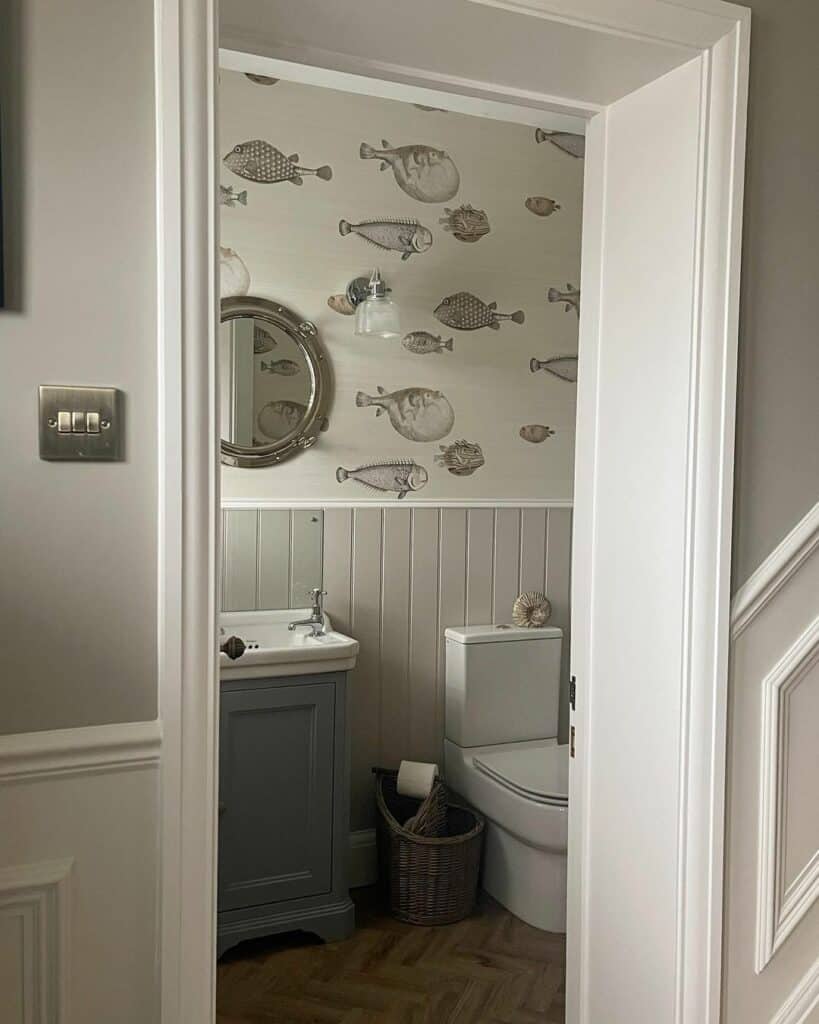 Modern Fish Wallpaper in a Small Bathroom