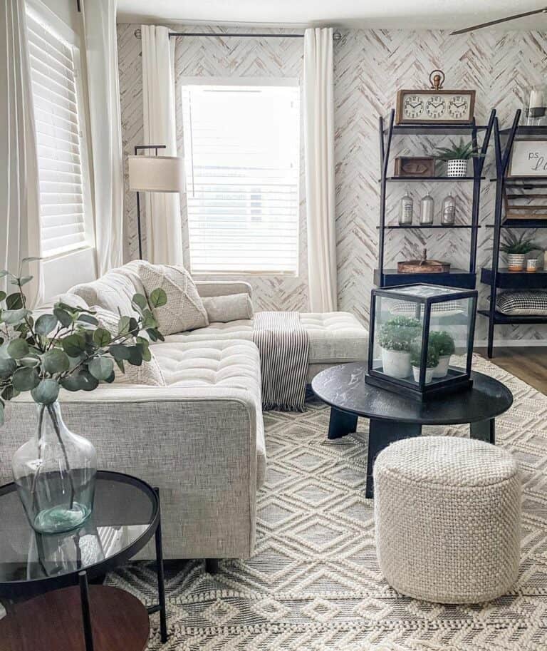 Modern Herringbone Wallpaper in Neutral Living Room