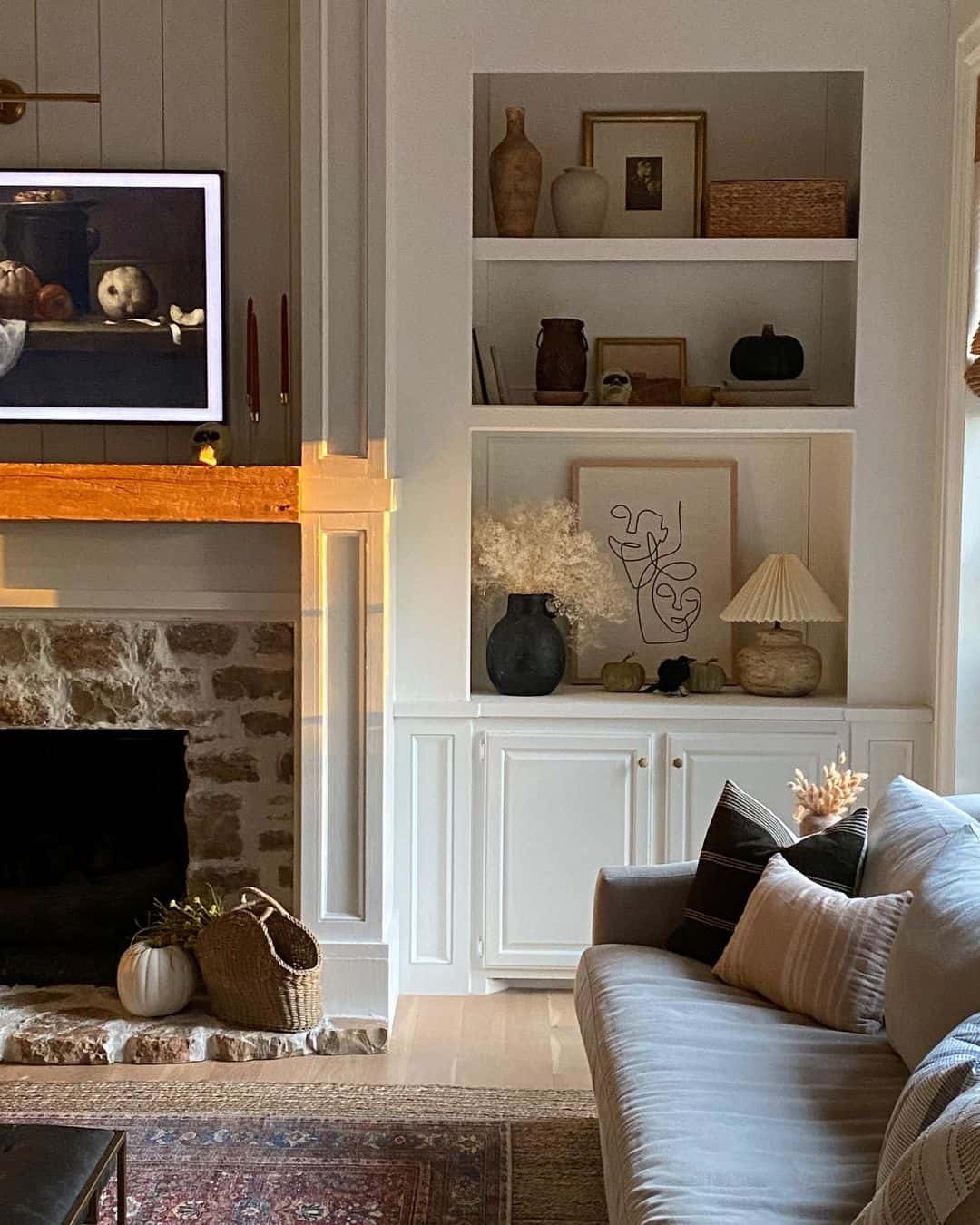 Picture of Modern Living Room with Exposed Brick Fireplace - Soul & Lane