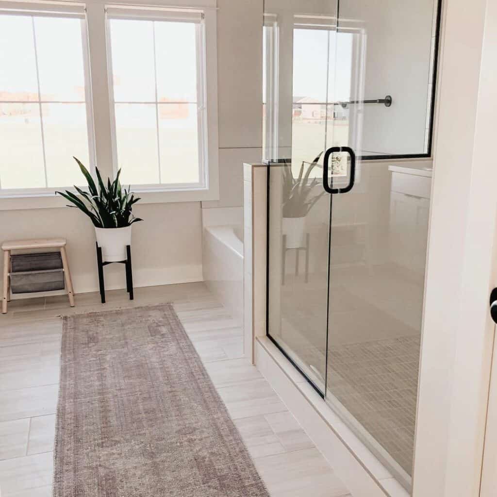 Modern Off-White Tiled Shower with Glass Wall