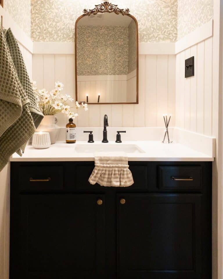 Modern Powder Room with Shiplap and Wallpaper
