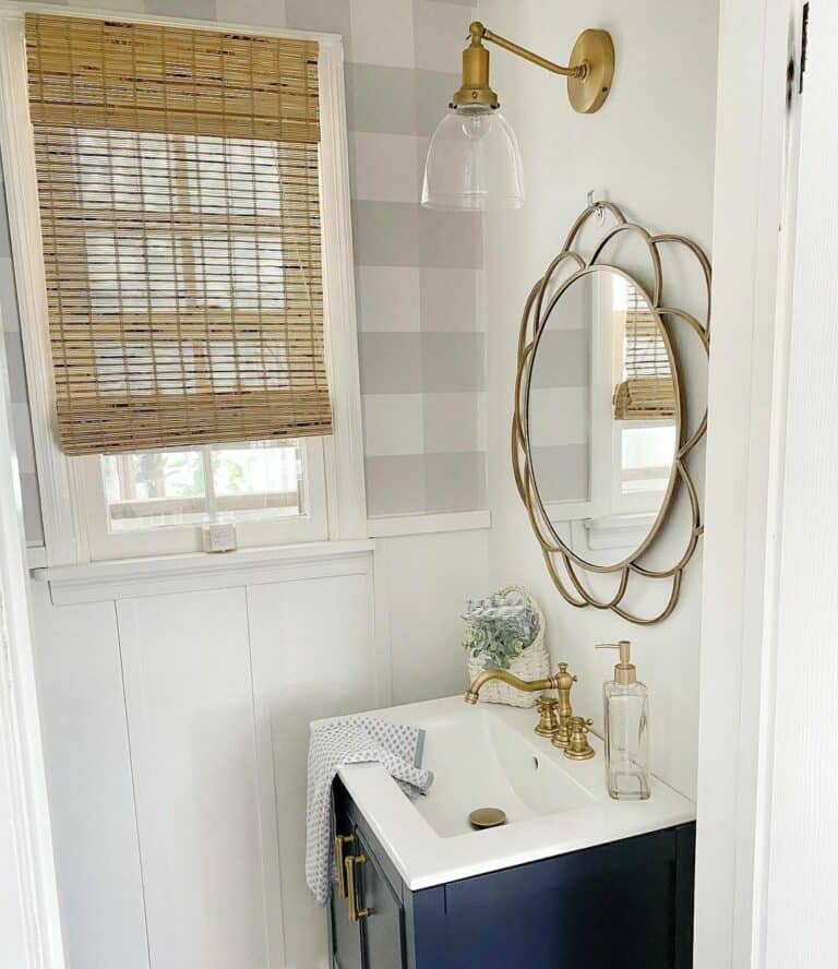 Modern Small Bathroom Wallpaper and Bronze Accents