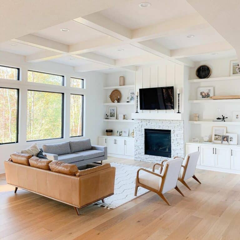 Modern White Living Room with Coffered Ceiling