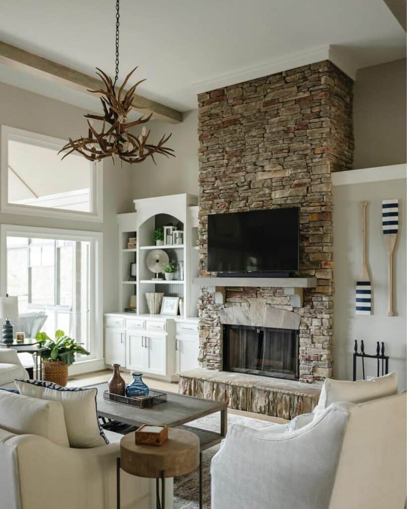 Natural Antler Chandelier with Stone Fireplace