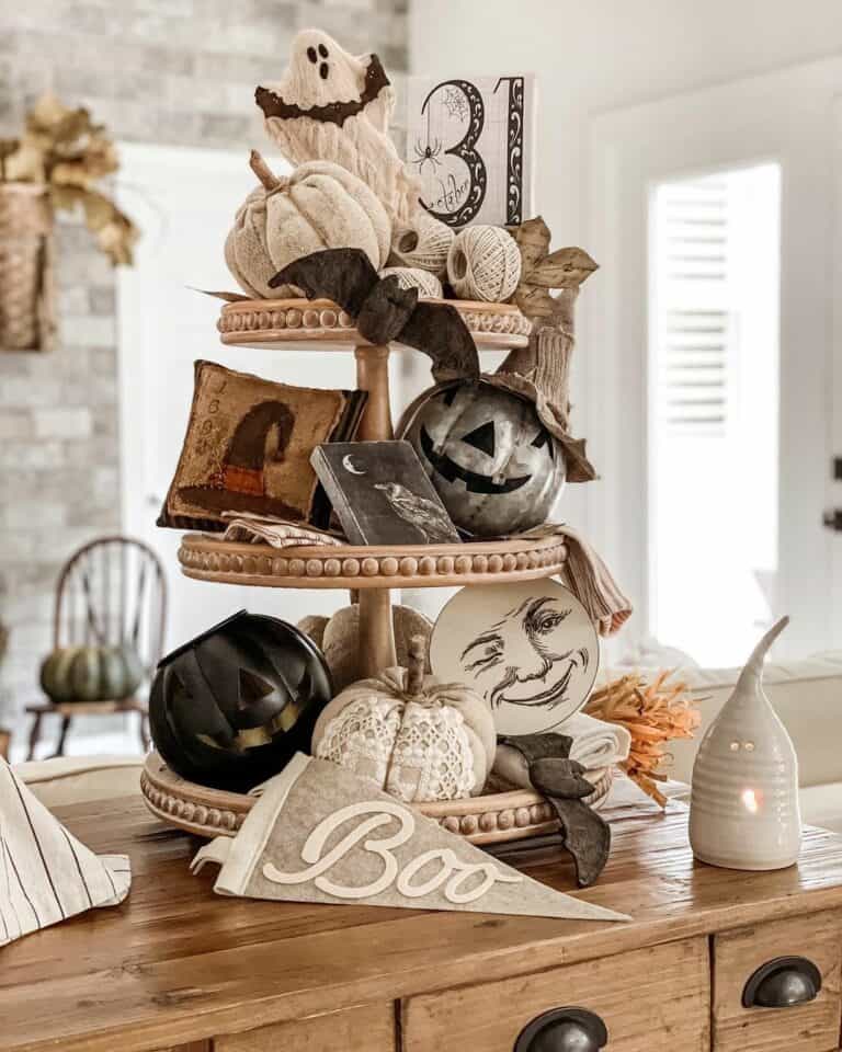 Neutral Halloween Tiered Tray Décor
