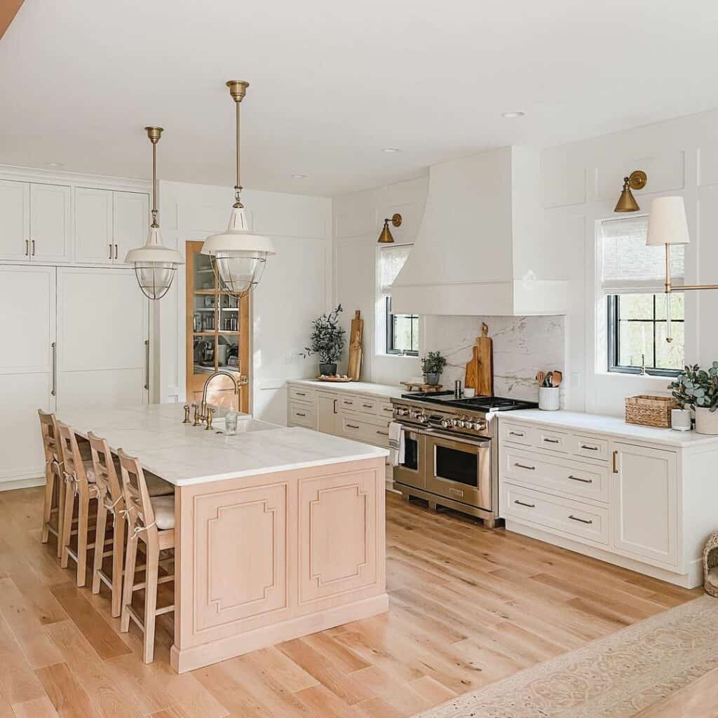 Neutral Kitchen With White Pendant Lighting