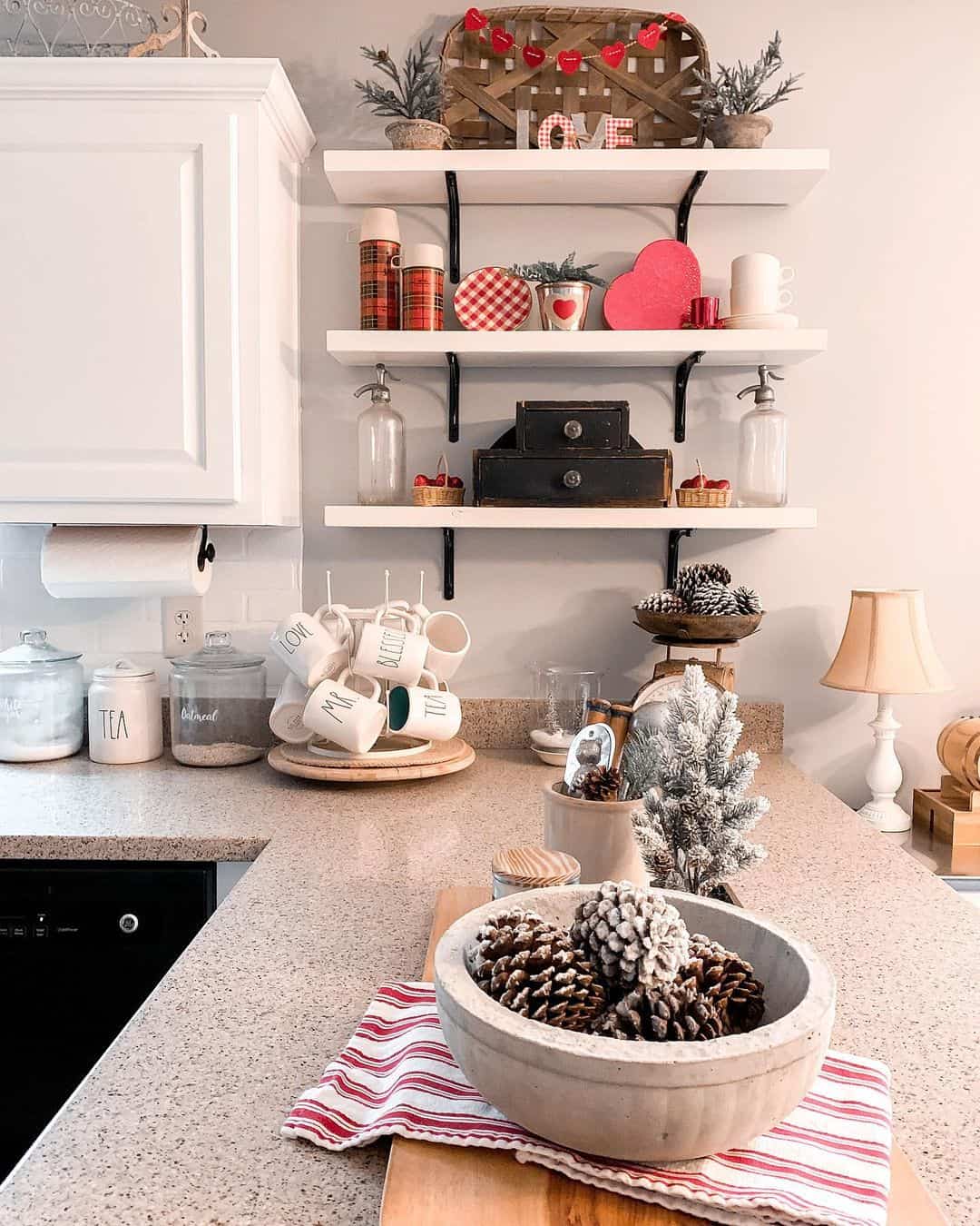 Neutral Kitchen with White Shelves and Non-Christmas Winter Decorations