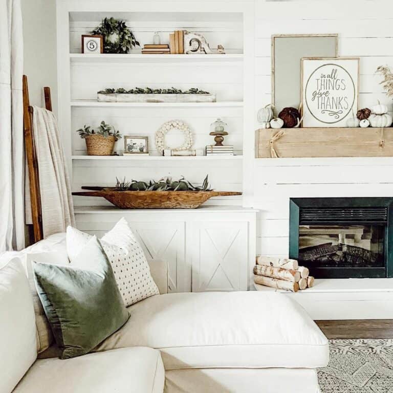 Neutral Living Area with Shiplap Fireplace