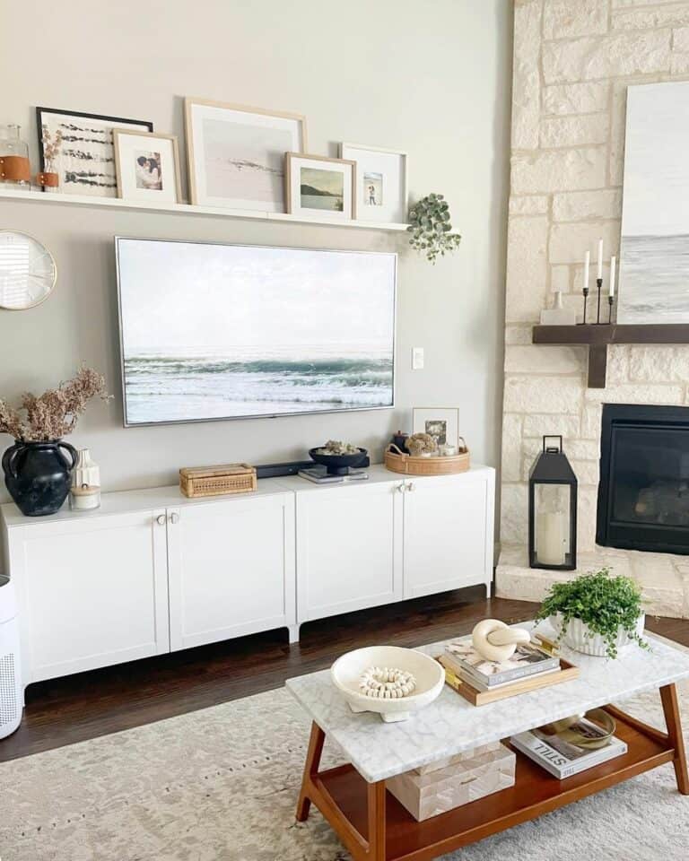 Neutral Living Room with Stone Fireplace