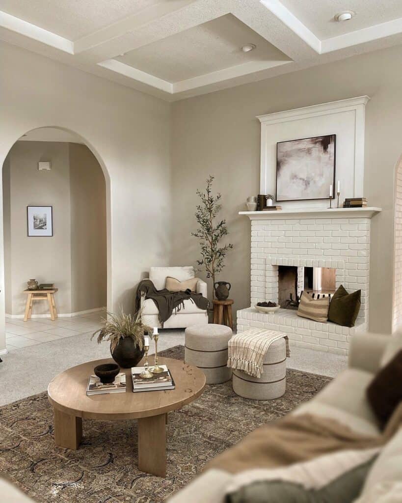 Neutral Living Room with White Brick Fireplace