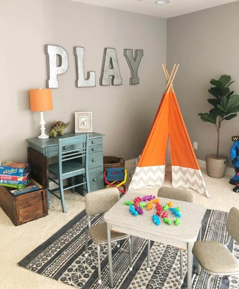Neutral Playroom with Orange Accents