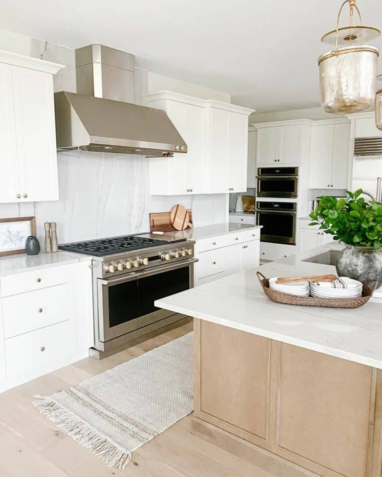 Nickel Knobs on Modern White Kitchen Cabinets