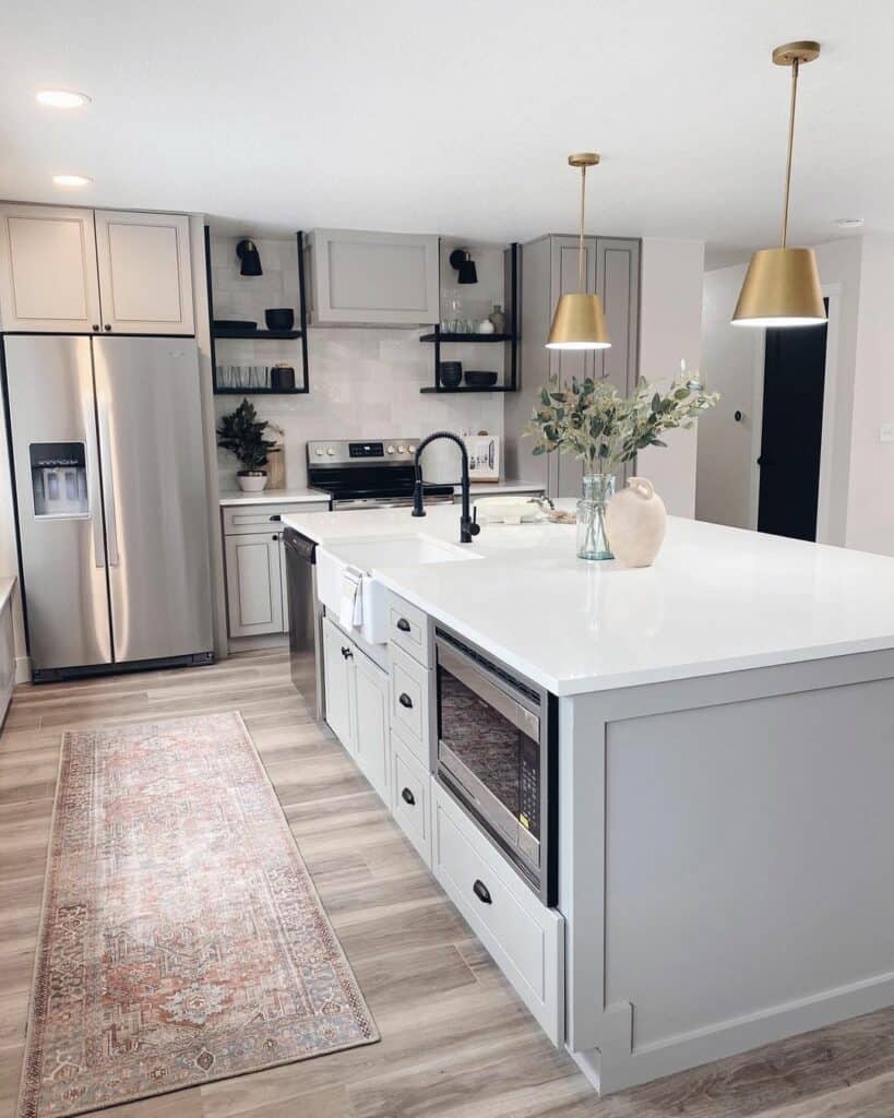 Open Black Shelves Between Light Grey Kitchen Cabinets