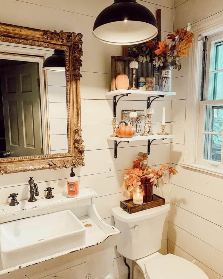 Ornate Gold Mirror for White Shiplap Bathroom