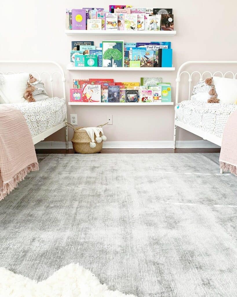 Pale Pink Bedroom with Floating Bookshelves