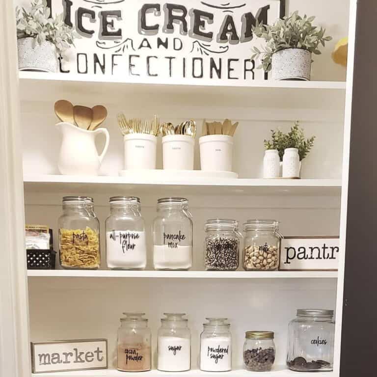 Pantry Shelves with Vintage Sign Décor