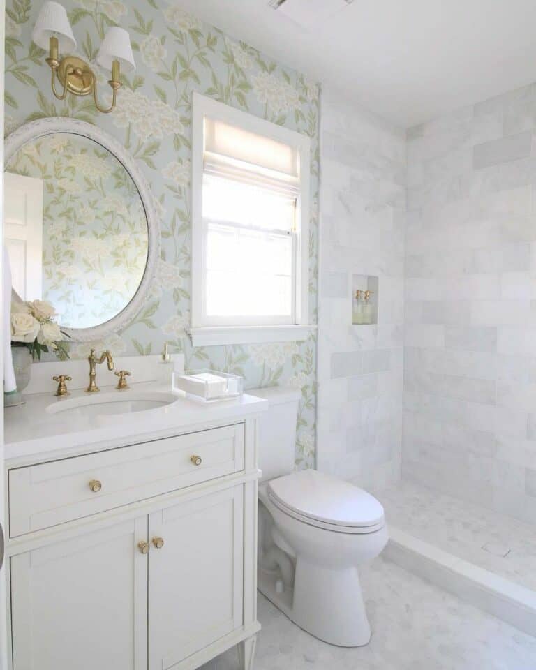 Pastel Floral Wallpaper in a Small Bathroom