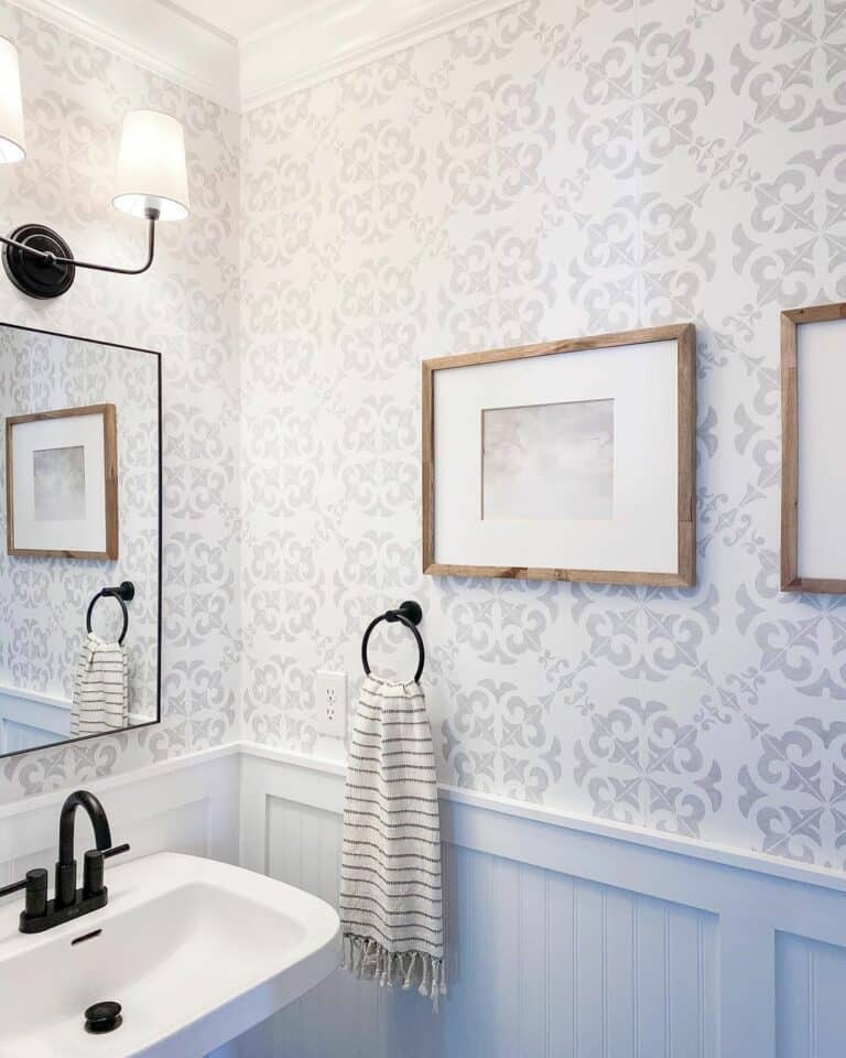 Pastel Modern Wallpaper in a Small Bathroom