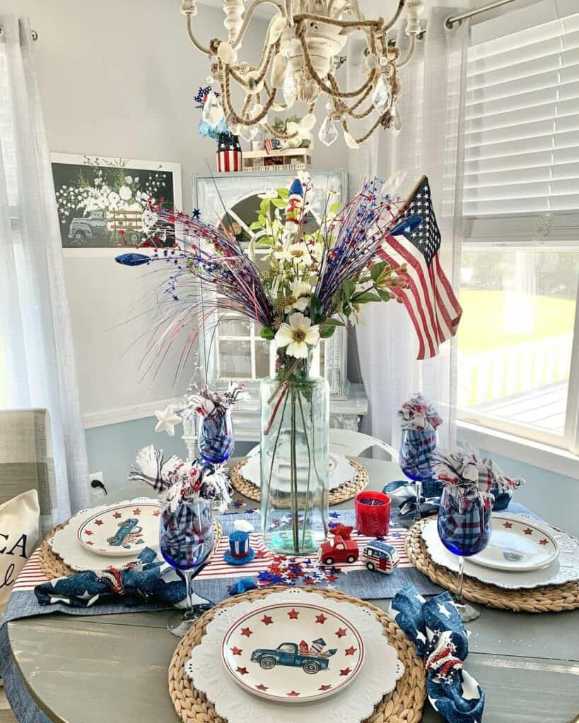 Patriotic Blue Napkins and Woven Placemats Tablescape
