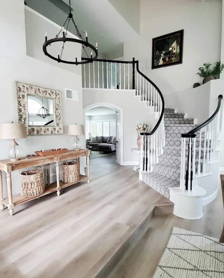 Patterned Gray Carpet on Stairs