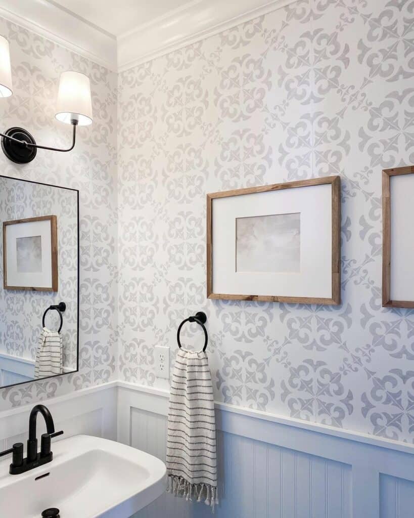 Patterned Grey Powder Room with Black Accents