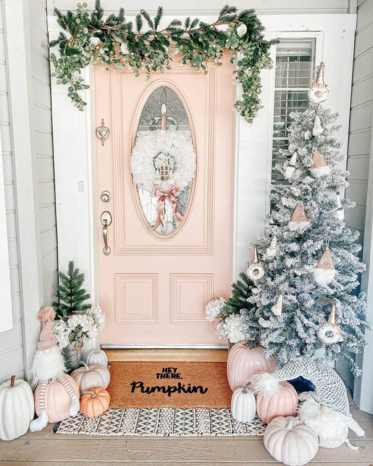 Peach Front Door with White Wreath