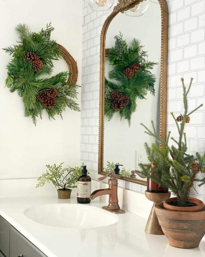 Pine cone Christmas Wreath in Modern Farmhouse Bathroom