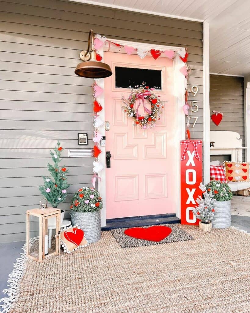 Pink Front Door on Valentine's Themed Porch