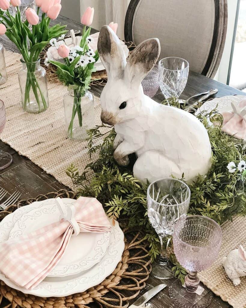 Pink Tulip Centerpieces on a Woven Table Runner
