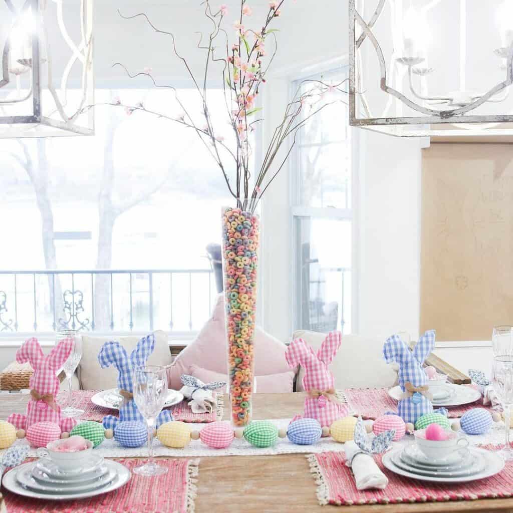 Pink and Blue Rabbits Next to Colorful Eggs