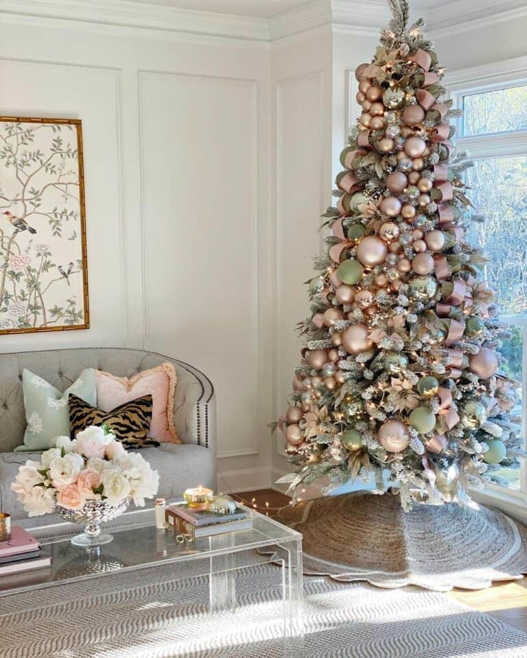 Pink and Green Ornaments on Flocked Tree
