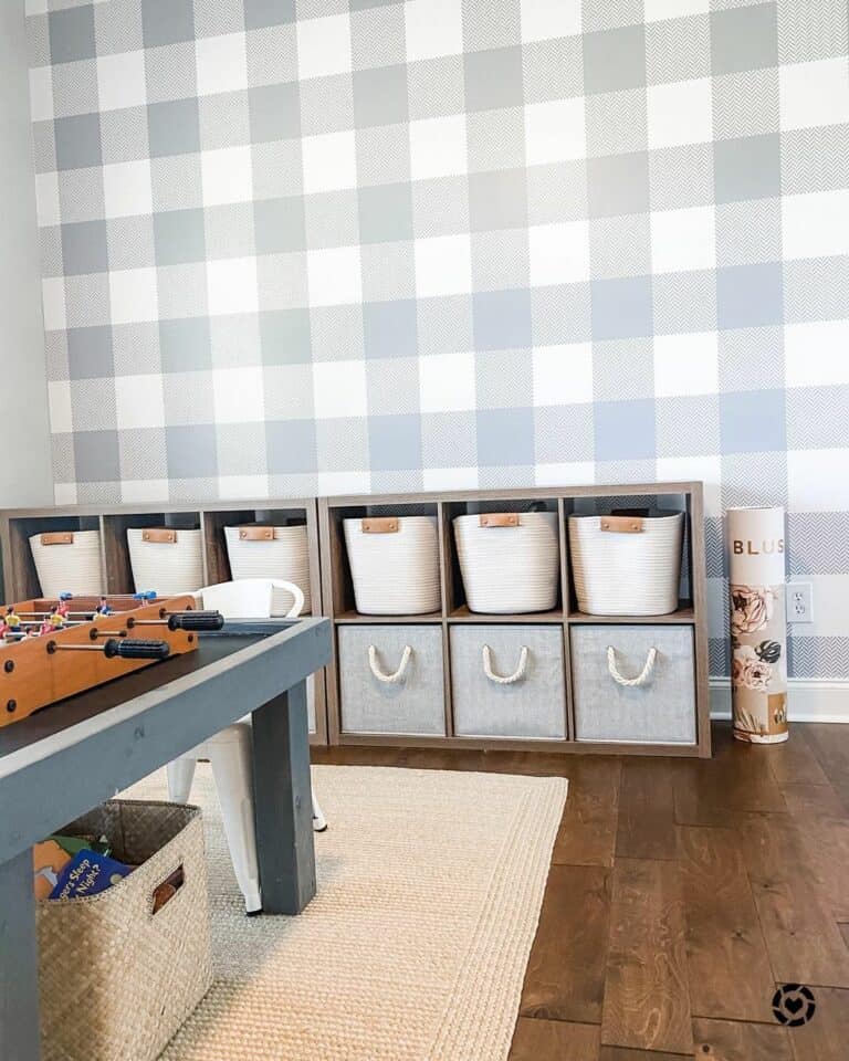 Plaid Playroom Wallpaper with Matching Storage