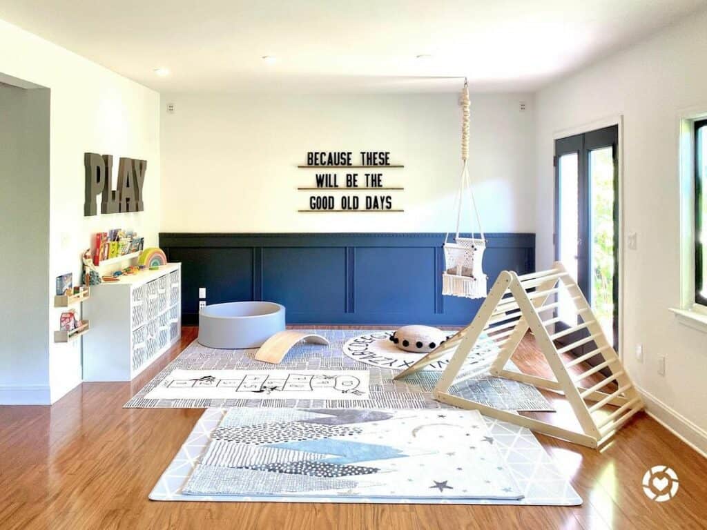 Playroom with Blue Wainscoting on White Wall