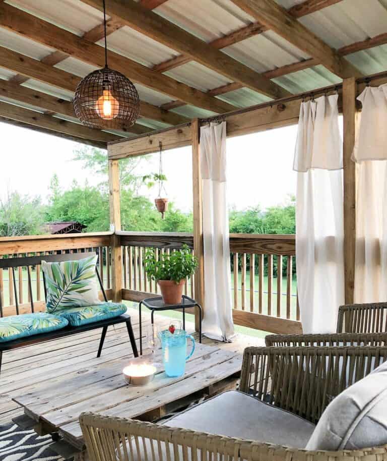 Porch with Stained Wood Spindle Railing