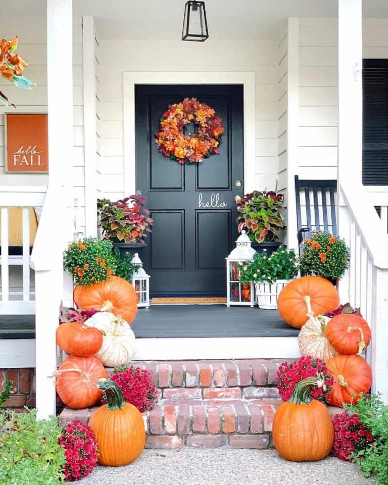 Porch with White Exterior Front Door Trim