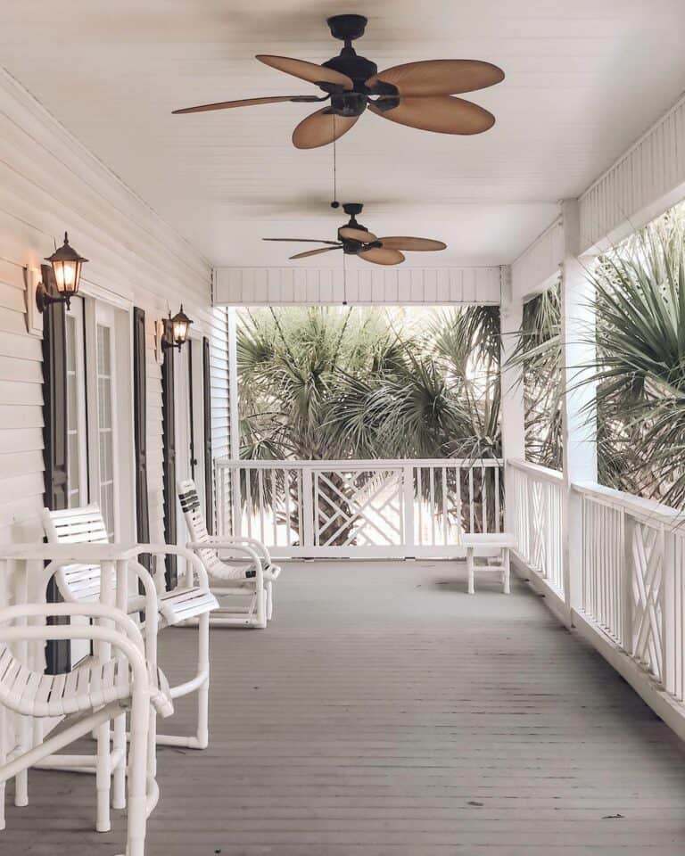 Porch with White Porch Railing and Outdoor Fans