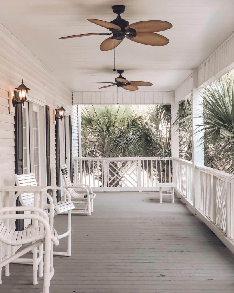 Porch with White Porch Railing and Outdoor Fans