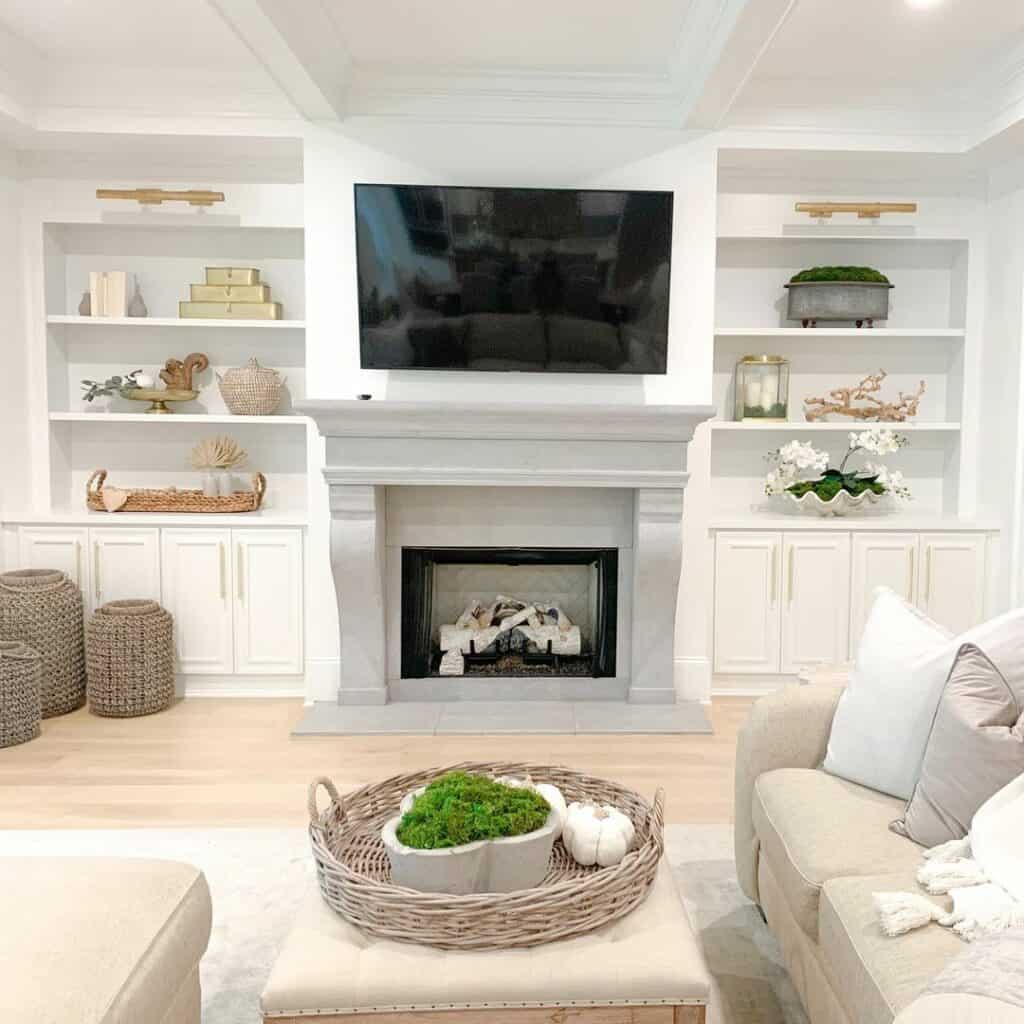Pristine White Living Room with Gray Mantel