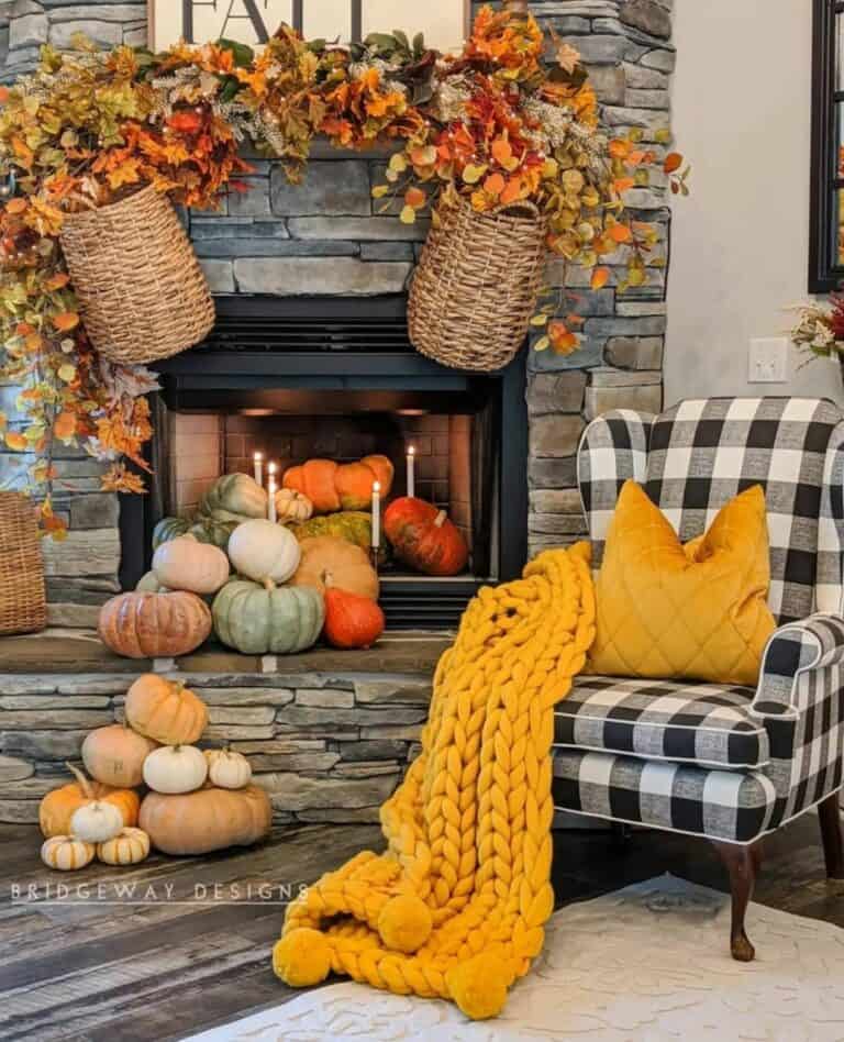 Pumpkins and Candles in Fireplace