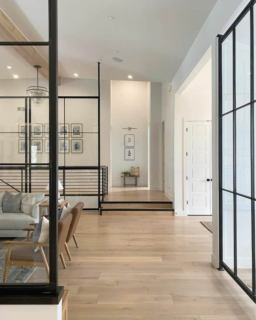 Recessed Hallway Lighting in Loft with Black Grid Partitions