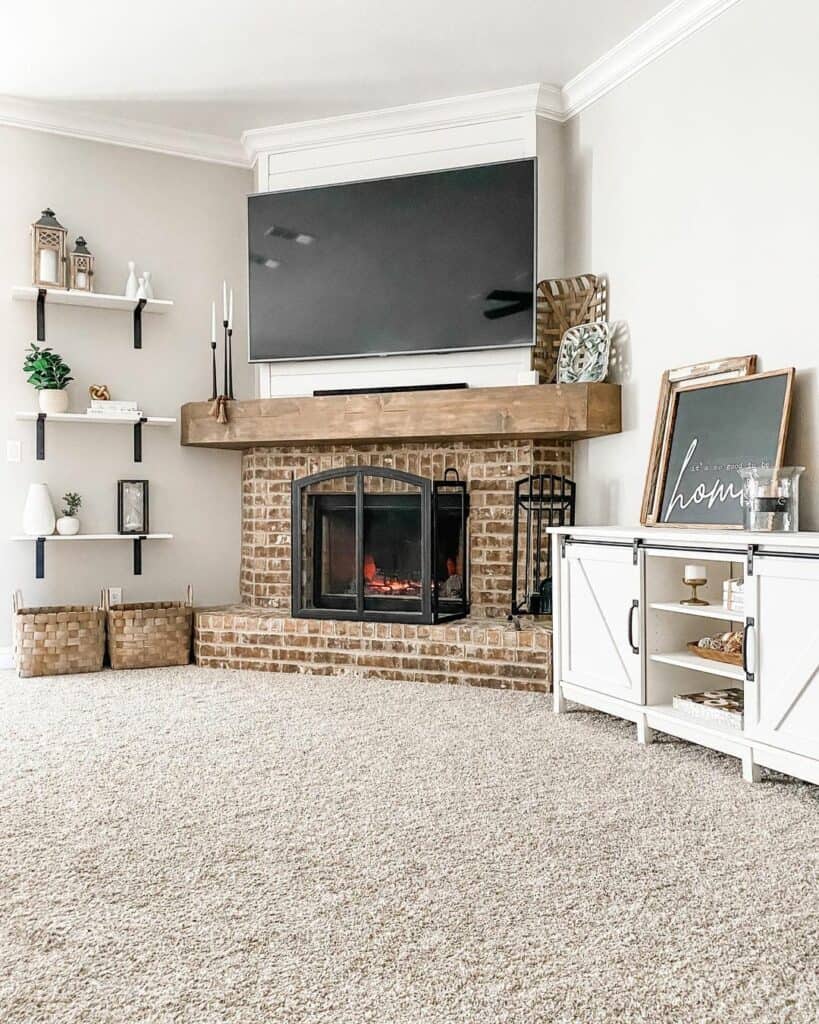 Red Brick Farmhouse Fireplace in White Living Room