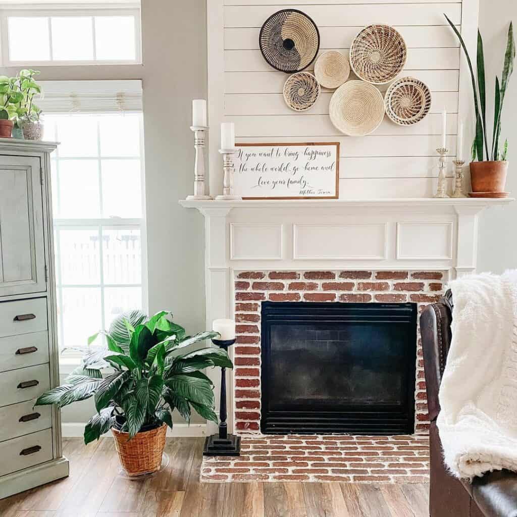Red Brick Fireplace with Plant Decorations