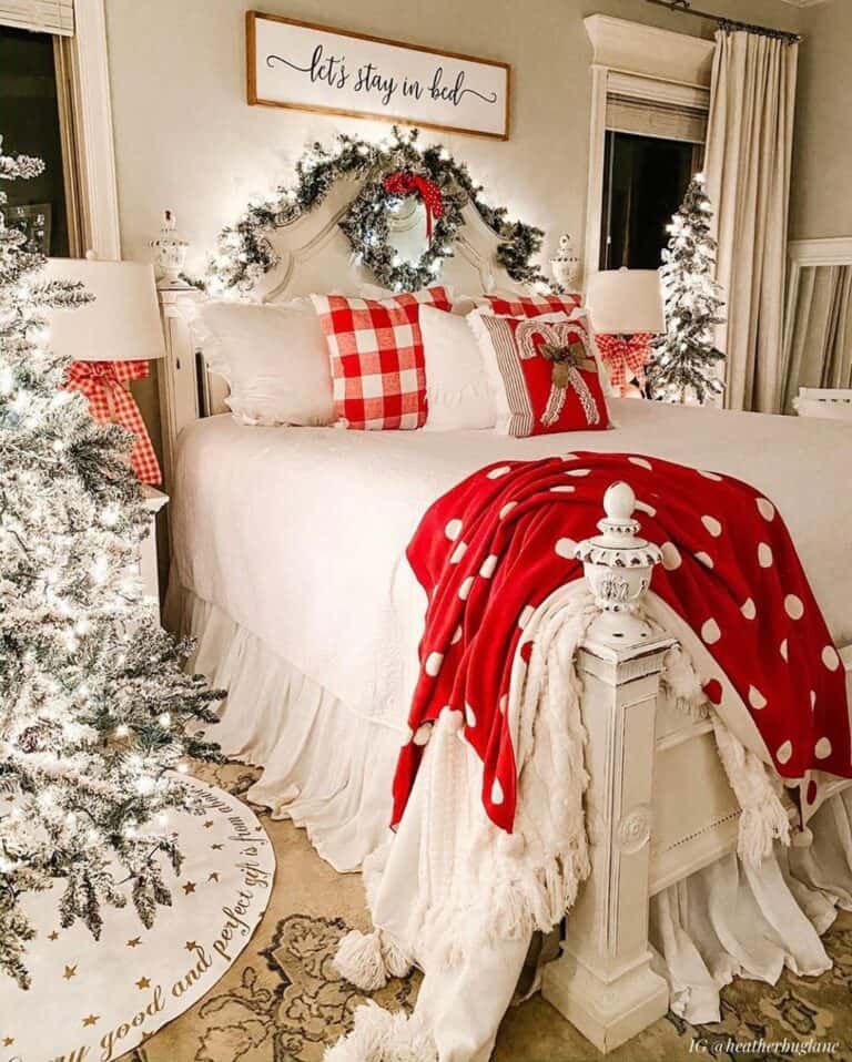 Red Christmas Accents on White Bedding