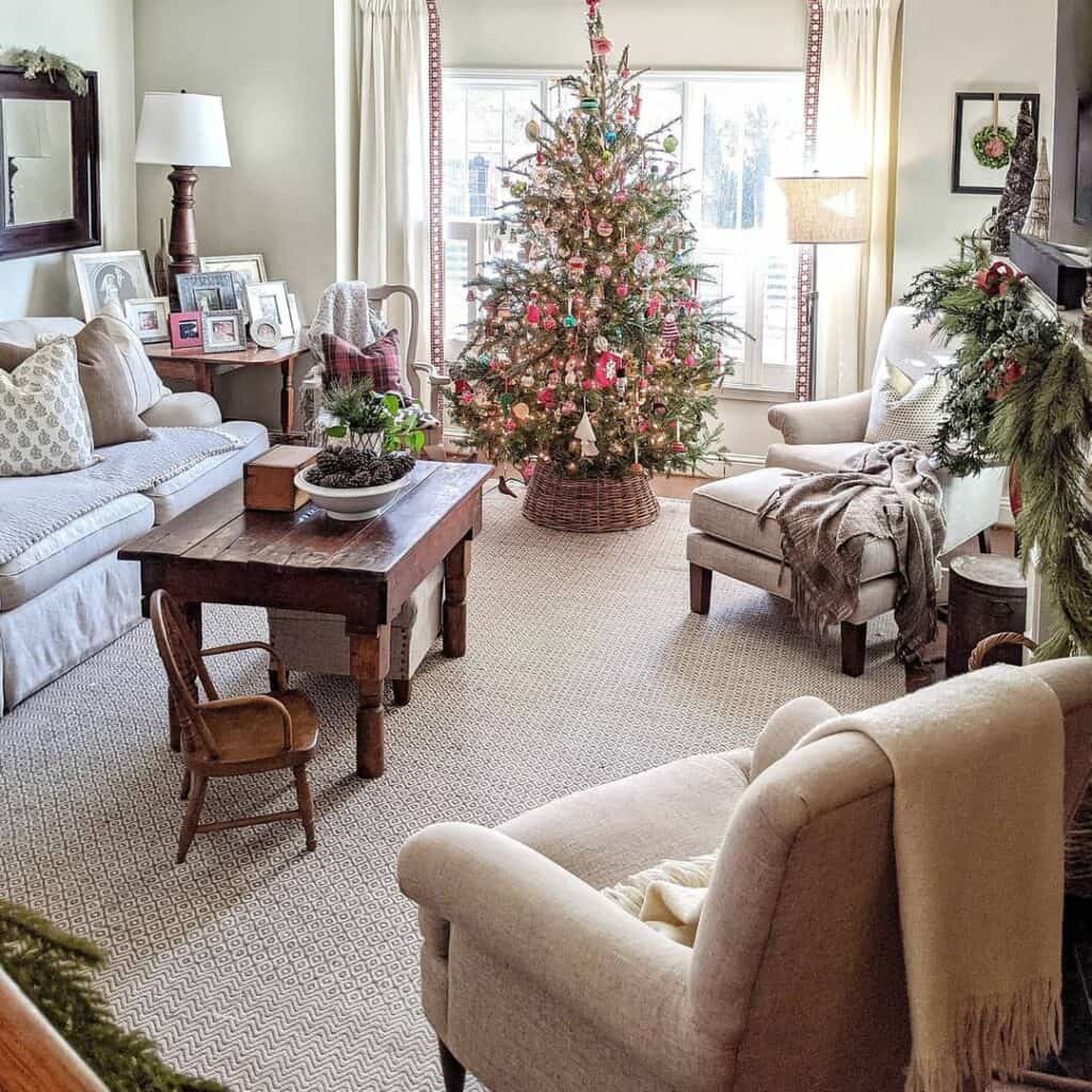 Red Ornaments Cover a Tree in a Brown Tree Collar