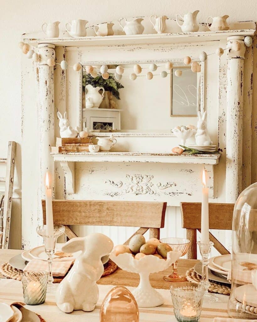 Rustic Dining Room Mantel with Easter Décor
