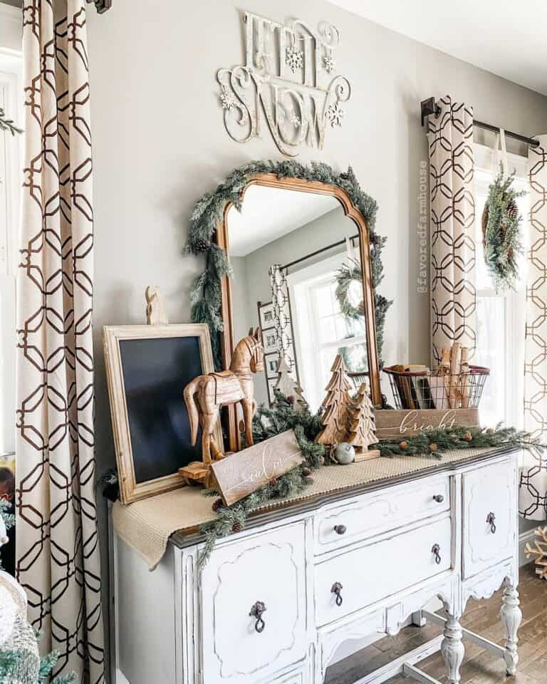 Rustic Farmhouse Dresser with Post Christmas Winter Decorations
